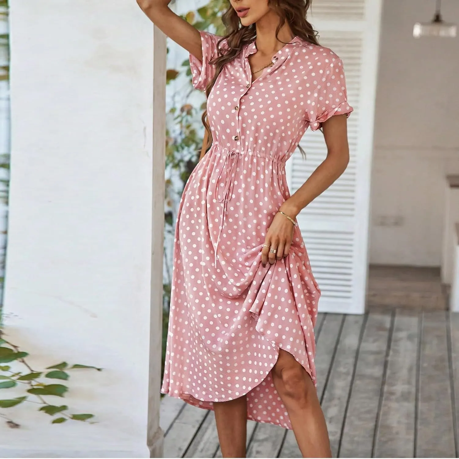 Short Sleeve Dress for Women V Neck Polka dot Button Midi Dresses Elastic Waist Summer Dressy Casual Work Dresses