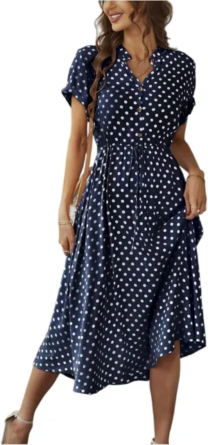 Short Sleeve Dress for Women V Neck Polka dot Button Midi Dresses Elastic Waist Summer Dressy Casual Work Dresses