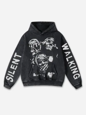 Silent Walking Graphic Acid Washed Oversized Hoodie