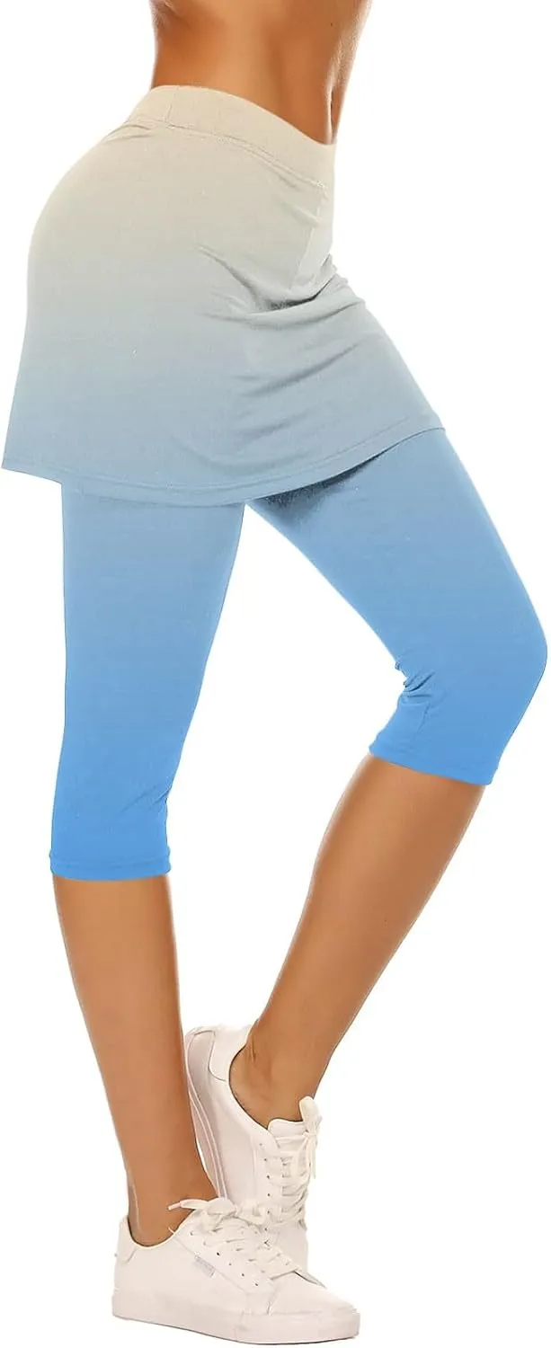 Skirted Leggings for Women Athletic Pickleball Tennis Skorts Capris Elastic Waist Workout Gym Yoga Legging with Skirt
