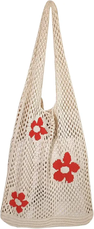 Small Boho Crochet Tote Bag - Aesthetic Hobo Beach Bag for Women Summer Vacation with Knitted Mesh Design