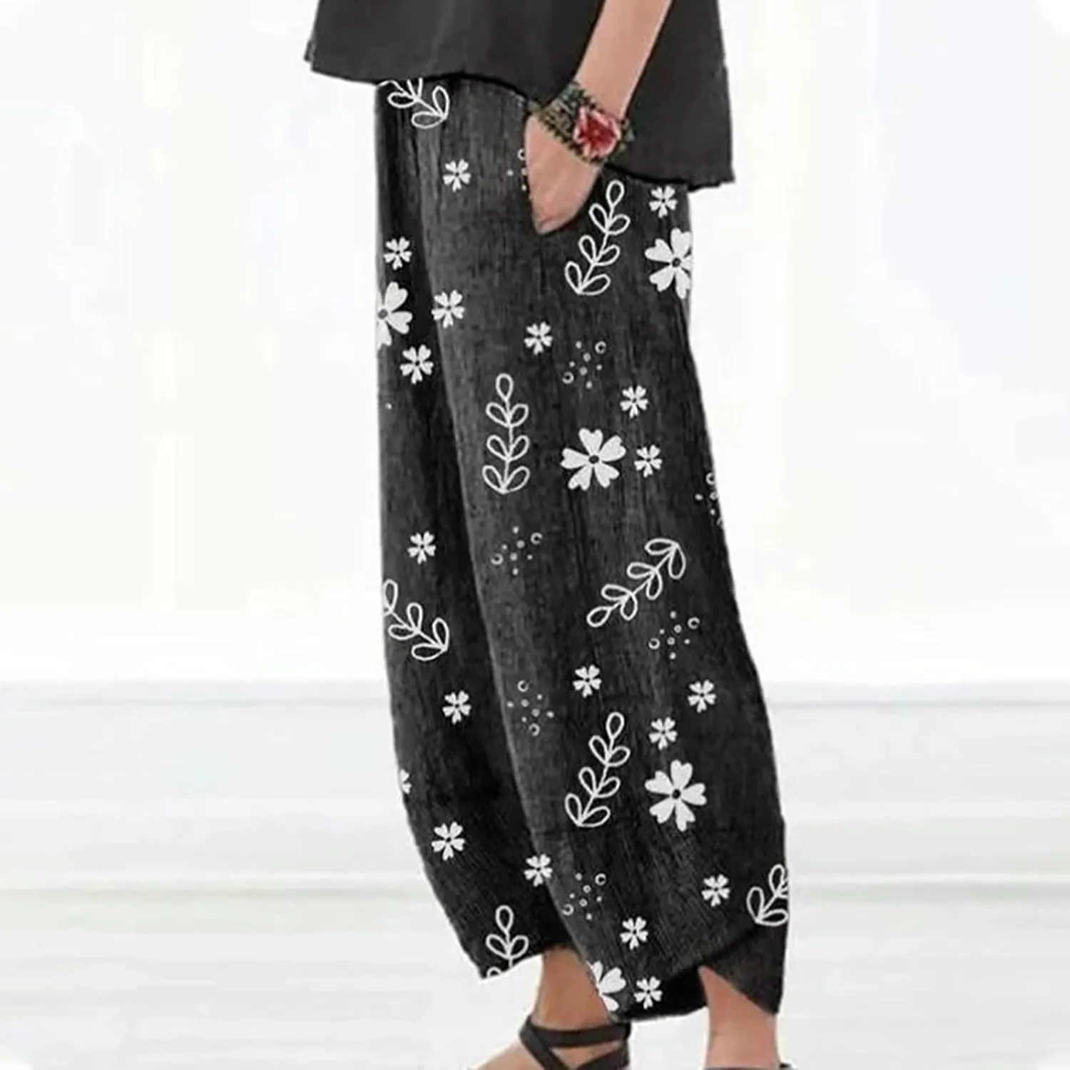 SMIDOW Capri Pants for Women Cotton Linen Wide Leg Capris Casual Summer Cropped Pants Beach Elastic Waist Baggy Crop Trousers