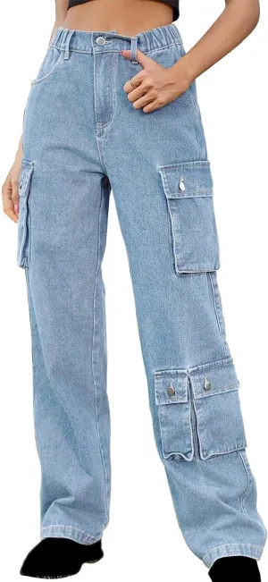SMIDOW High Waist Denim Cargo Pants for Women Casual Baggy Straight Wide Leg Pants Trendy Y2K Streetwear Jeans
