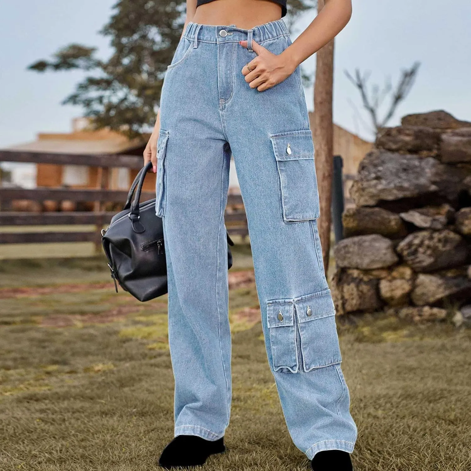 SMIDOW High Waist Denim Cargo Pants for Women Casual Baggy Straight Wide Leg Pants Trendy Y2K Streetwear Jeans