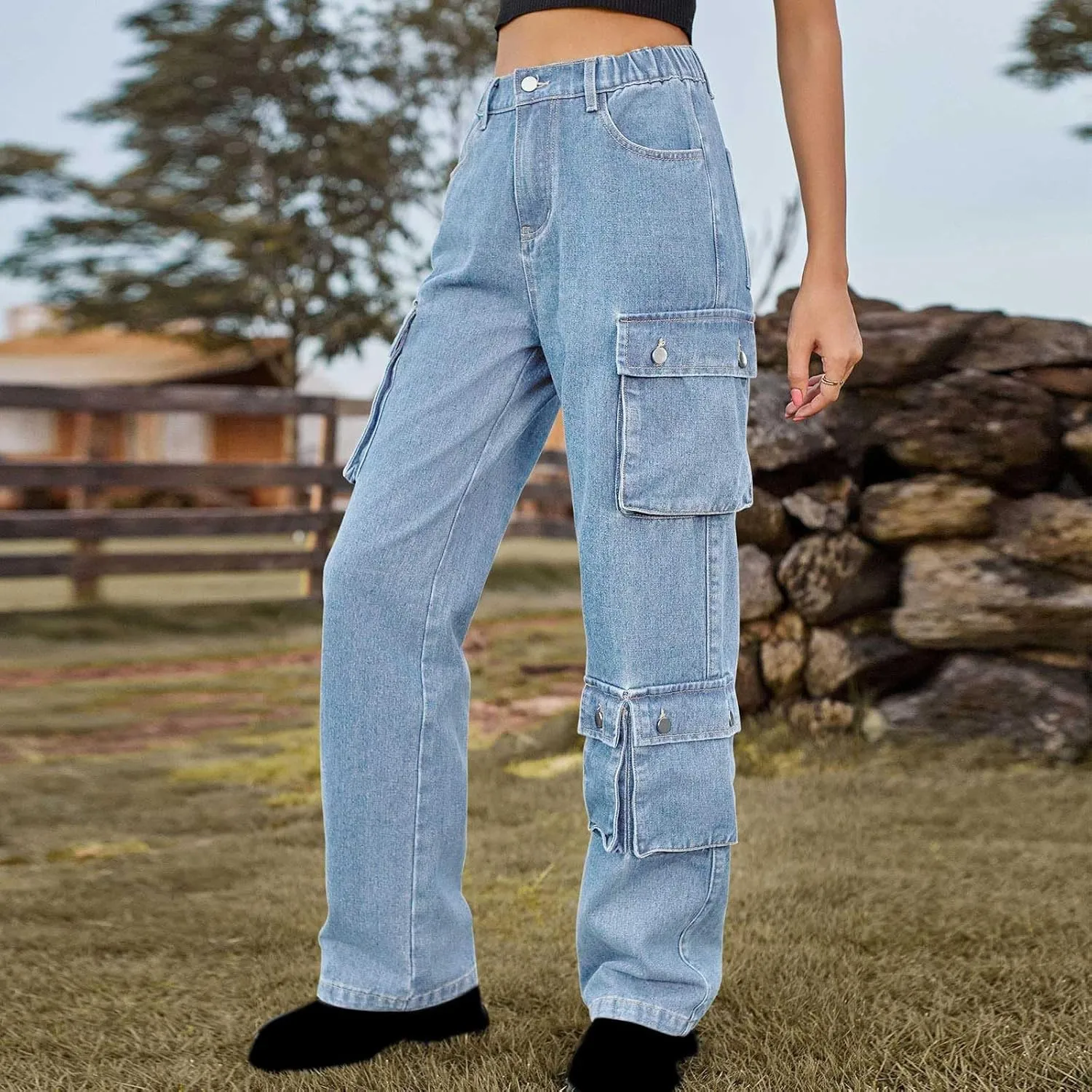 SMIDOW High Waist Denim Cargo Pants for Women Casual Baggy Straight Wide Leg Pants Trendy Y2K Streetwear Jeans