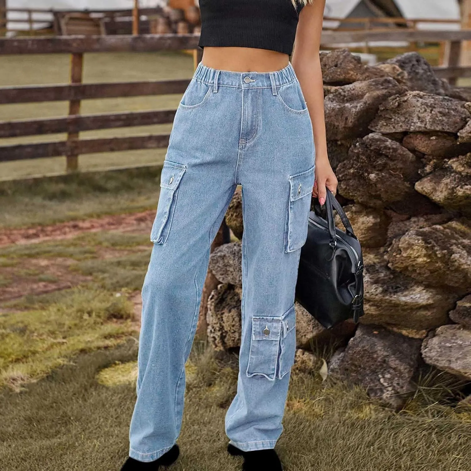 SMIDOW High Waist Denim Cargo Pants for Women Casual Baggy Straight Wide Leg Pants Trendy Y2K Streetwear Jeans