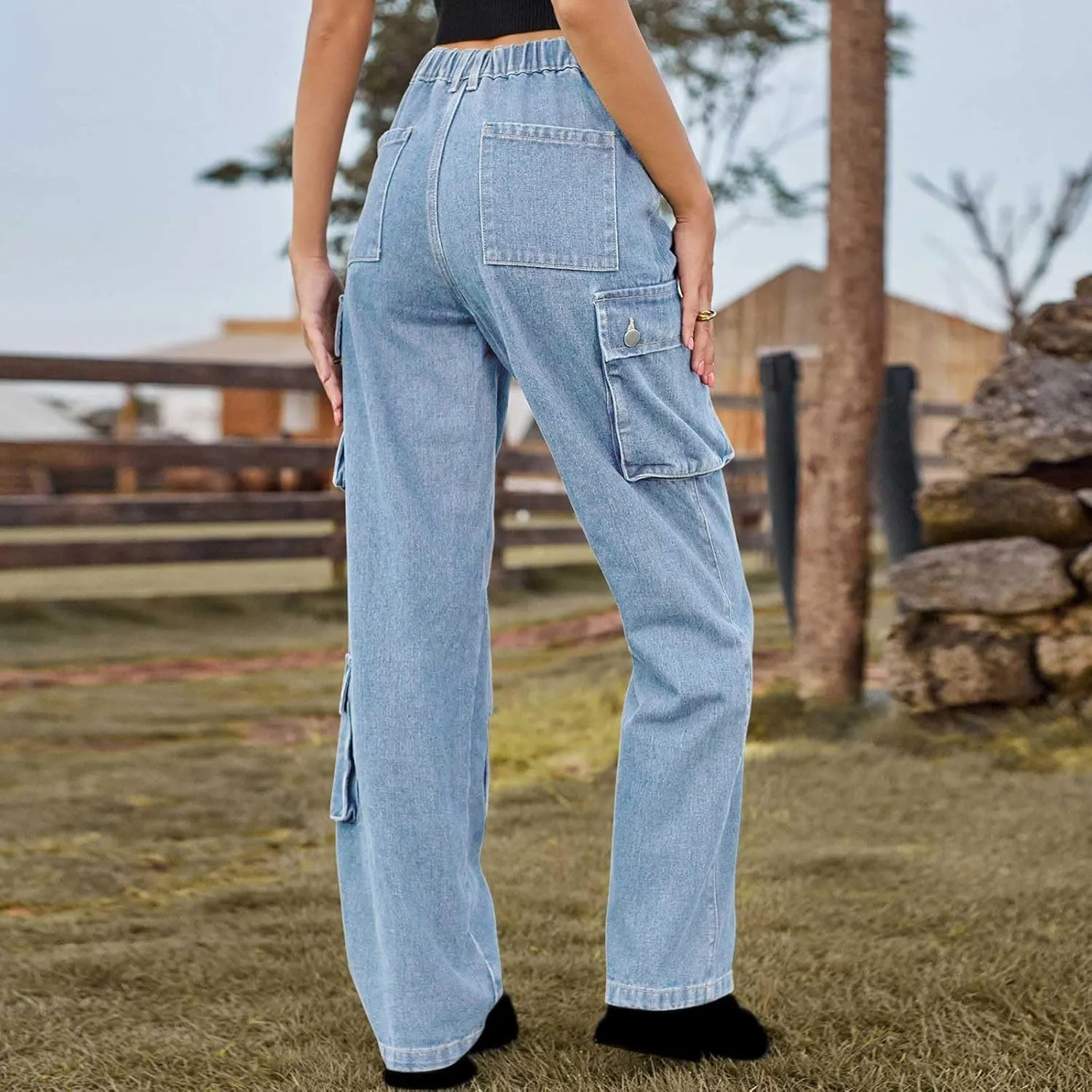 SMIDOW High Waist Denim Cargo Pants for Women Casual Baggy Straight Wide Leg Pants Trendy Y2K Streetwear Jeans