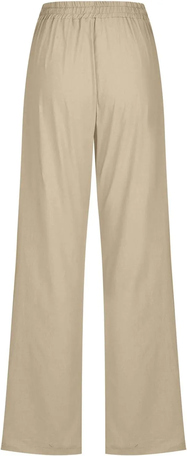 SMIDOW Womens Casual Pants Regular Fit Straight Leg Drawstring Elastic High Waist Trousers with Pockets Trendy