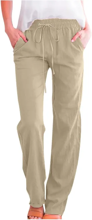 SMIDOW Womens Casual Pants Regular Fit Straight Leg Drawstring Elastic High Waist Trousers with Pockets Trendy