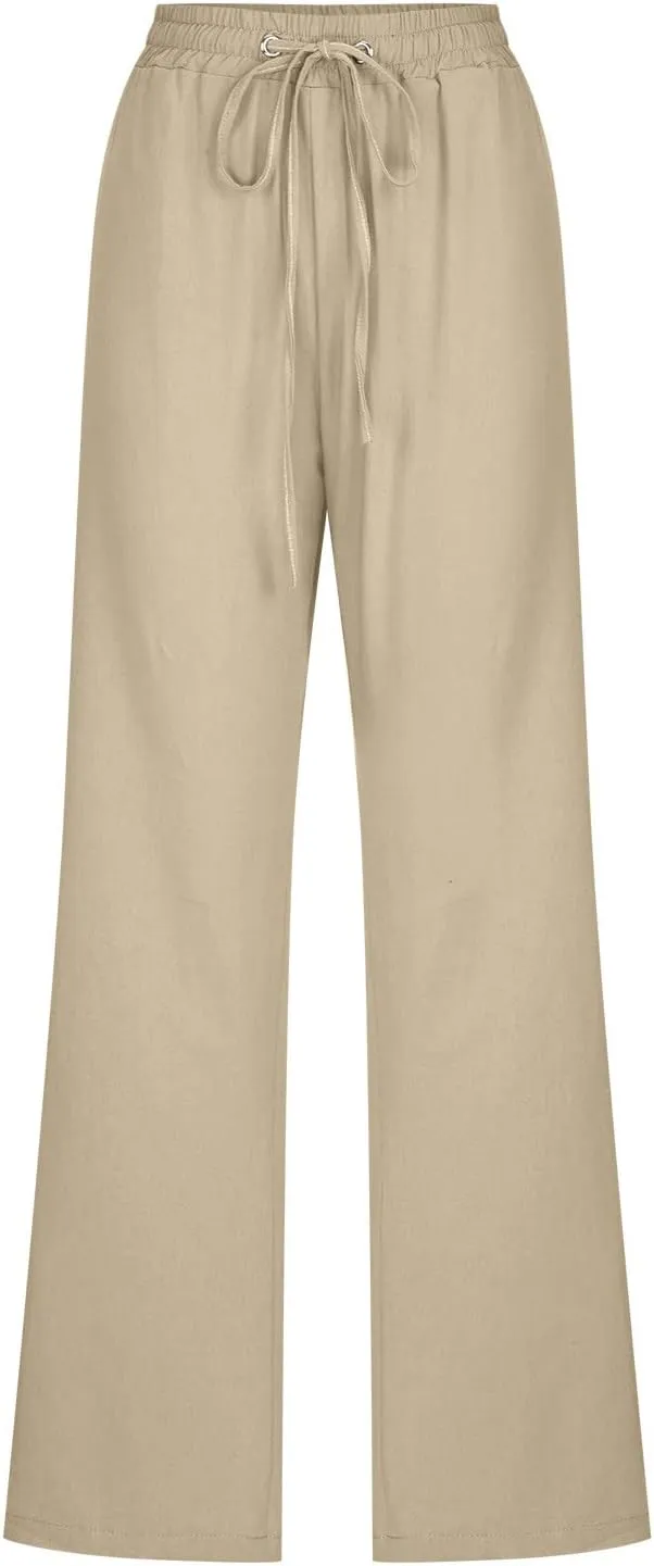 SMIDOW Womens Casual Pants Regular Fit Straight Leg Drawstring Elastic High Waist Trousers with Pockets Trendy