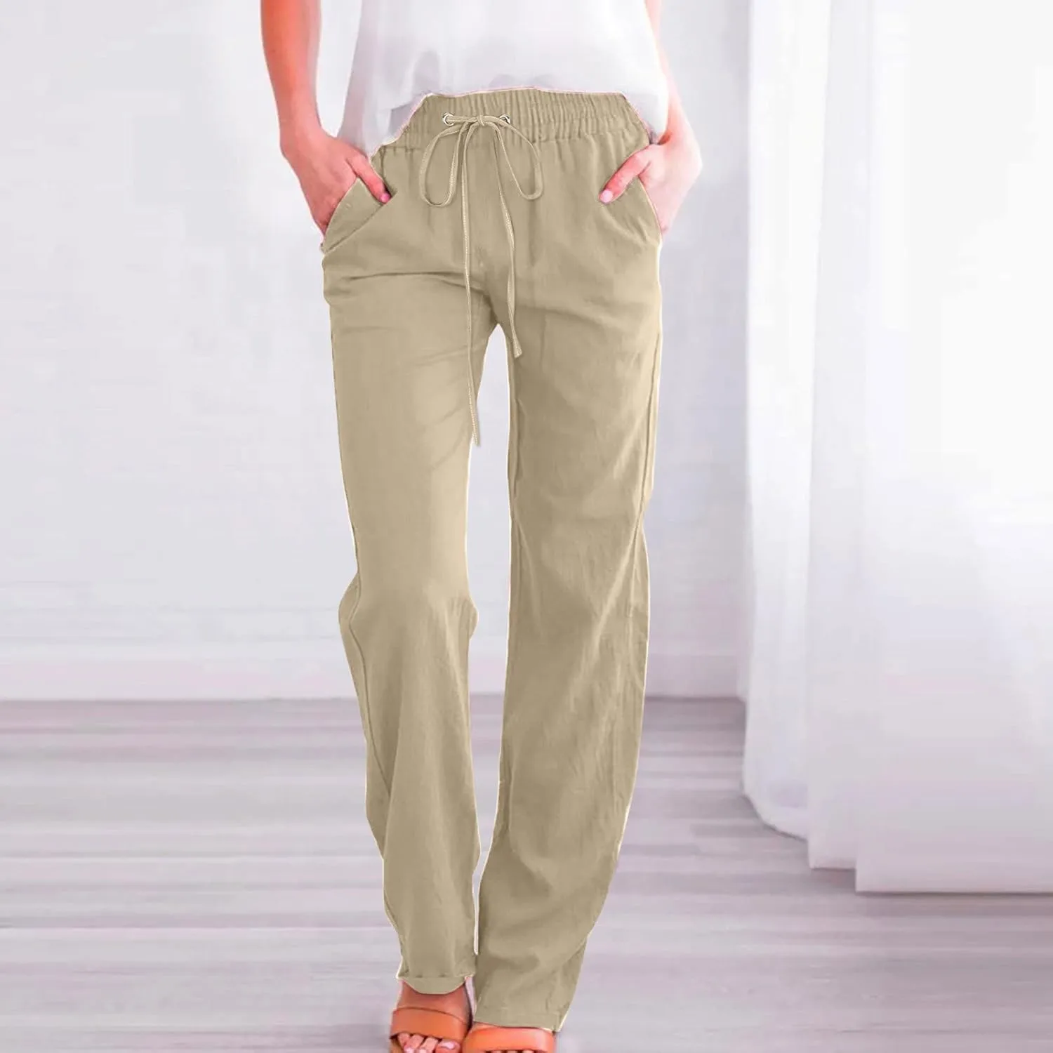SMIDOW Womens Casual Pants Regular Fit Straight Leg Drawstring Elastic High Waist Trousers with Pockets Trendy