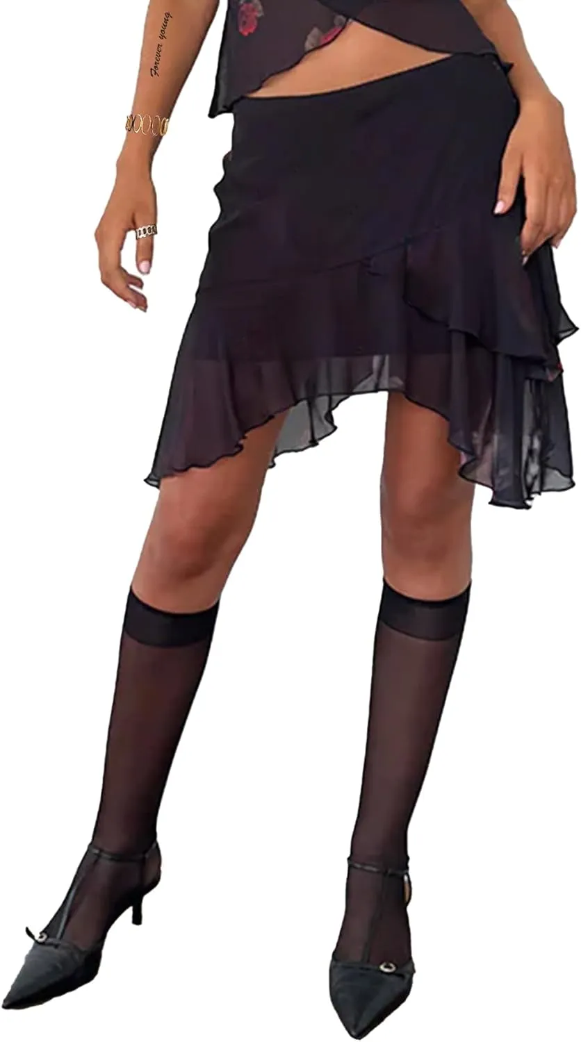 SOFIA'S CHOICE Women's Mesh Ruffle Mini Skirt Asymmetrical Hem Overlay Skort