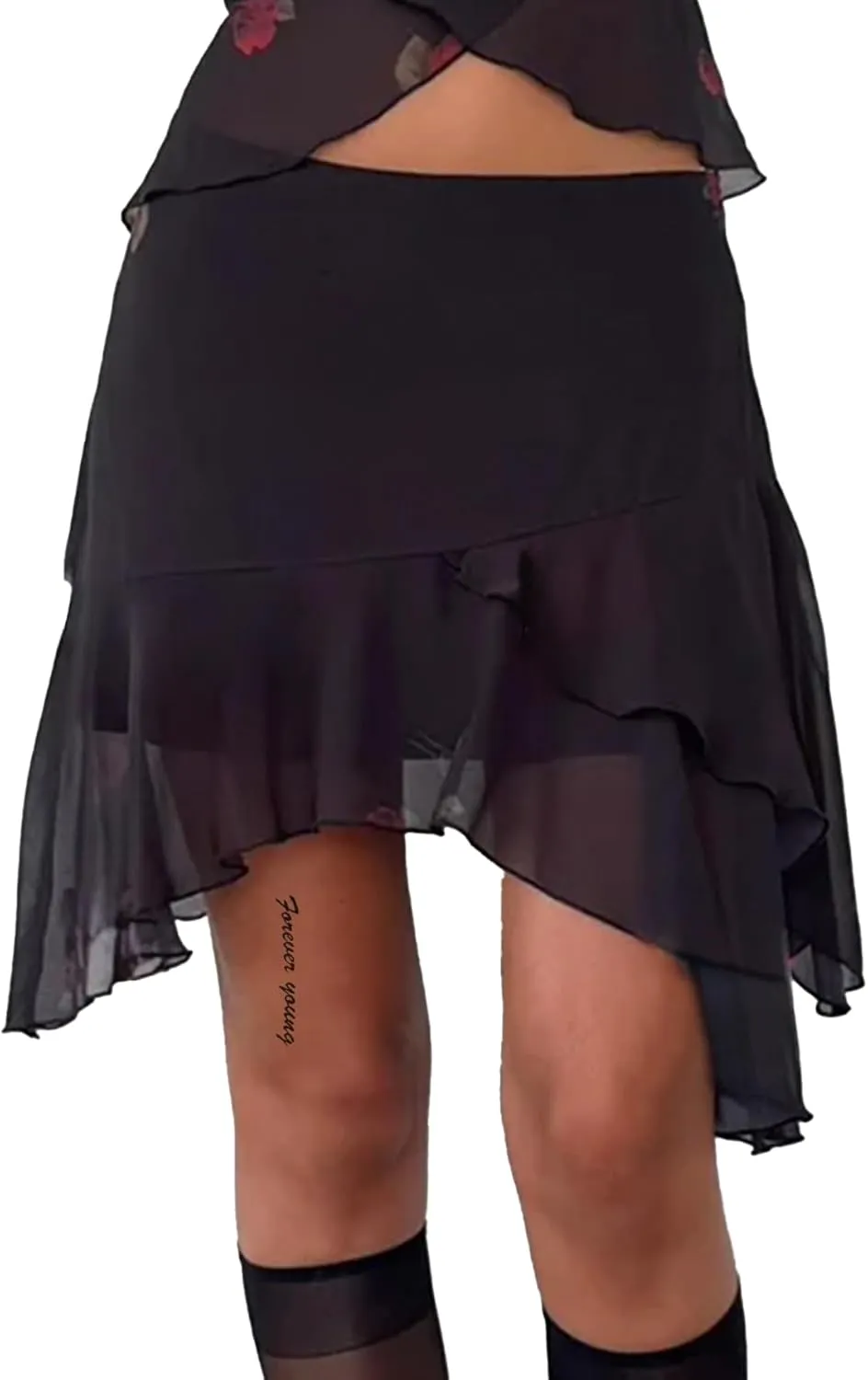 SOFIA'S CHOICE Women's Mesh Ruffle Mini Skirt Asymmetrical Hem Overlay Skort