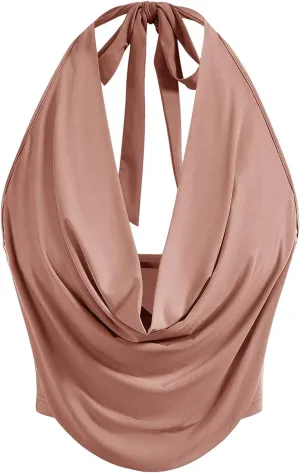 SOLY HUX Women's Halter Draped Front Tank Top Sexy Backless Going Out Crop Vest Tops