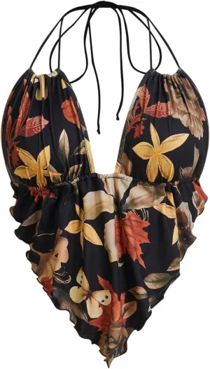 SOLY HUX Women's Plus Size Floral Halter Top Ruffle Flowy Cami Shirts Backless Boho Camisole Vacation Clothes