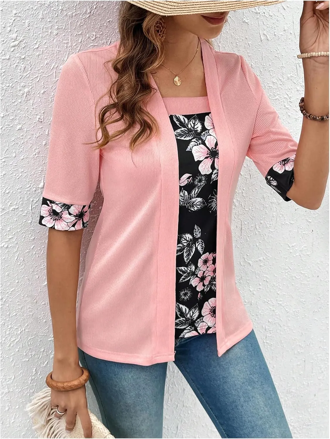SOLY HUX Women's Teacher Outfits for Women Floral Print Shirts Summer Fall Tops Lightweight Open-Front Cardigan Sweater