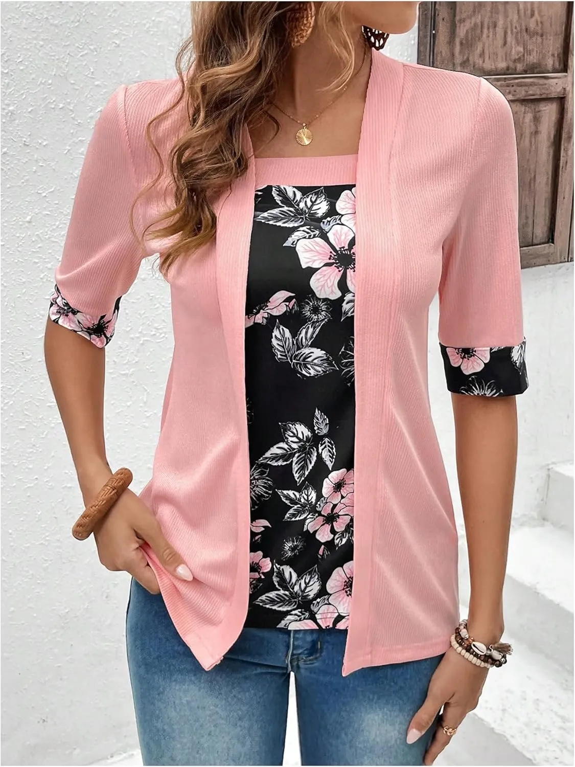 SOLY HUX Women's Teacher Outfits for Women Floral Print Shirts Summer Fall Tops Lightweight Open-Front Cardigan Sweater