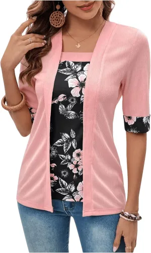 SOLY HUX Women's Teacher Outfits for Women Floral Print Shirts Summer Fall Tops Lightweight Open-Front Cardigan Sweater