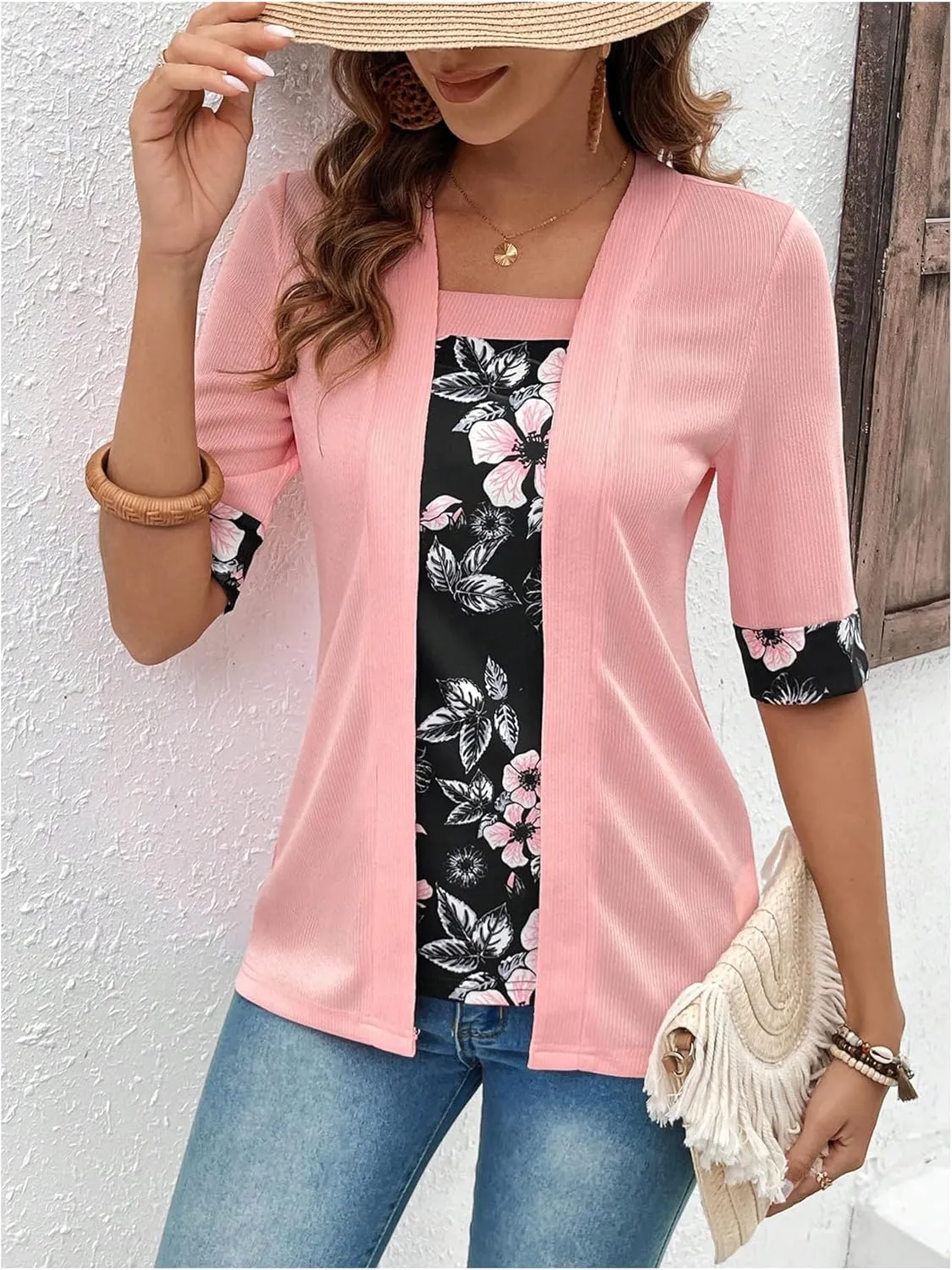 SOLY HUX Women's Teacher Outfits for Women Floral Print Shirts Summer Fall Tops Lightweight Open-Front Cardigan Sweater