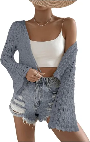 SOLY HUX Women's Tie Front Tops Bell Long Sleeve Knit Crochet Cardigan Crop Top