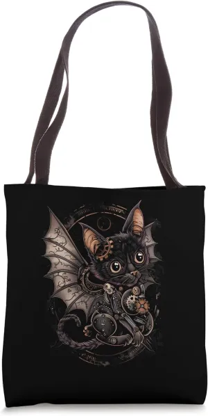 Steampunk cat vampire with gothic bat features metal gears Tote Bag
