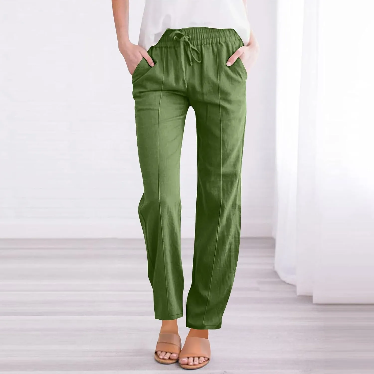 Straight Leg Cotton Linen Pants Women Summer Beach Lounge Pants Elastic Waist Drawstring Casual Trousers with Pockets