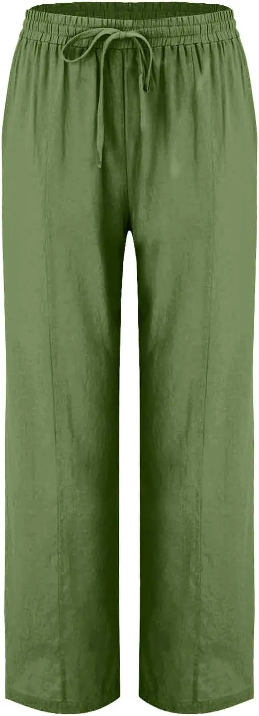 Straight Leg Cotton Linen Pants Women Summer Beach Lounge Pants Elastic Waist Drawstring Casual Trousers with Pockets