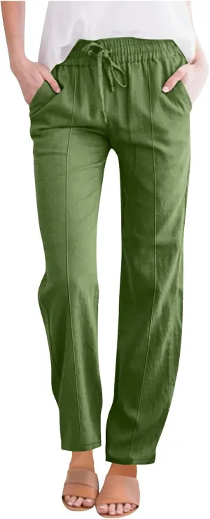 Straight Leg Cotton Linen Pants Women Summer Beach Lounge Pants Elastic Waist Drawstring Casual Trousers with Pockets