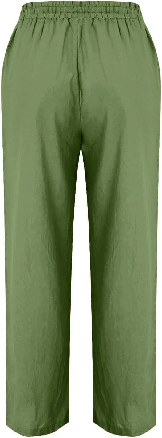 Straight Leg Cotton Linen Pants Women Summer Beach Lounge Pants Elastic Waist Drawstring Casual Trousers with Pockets