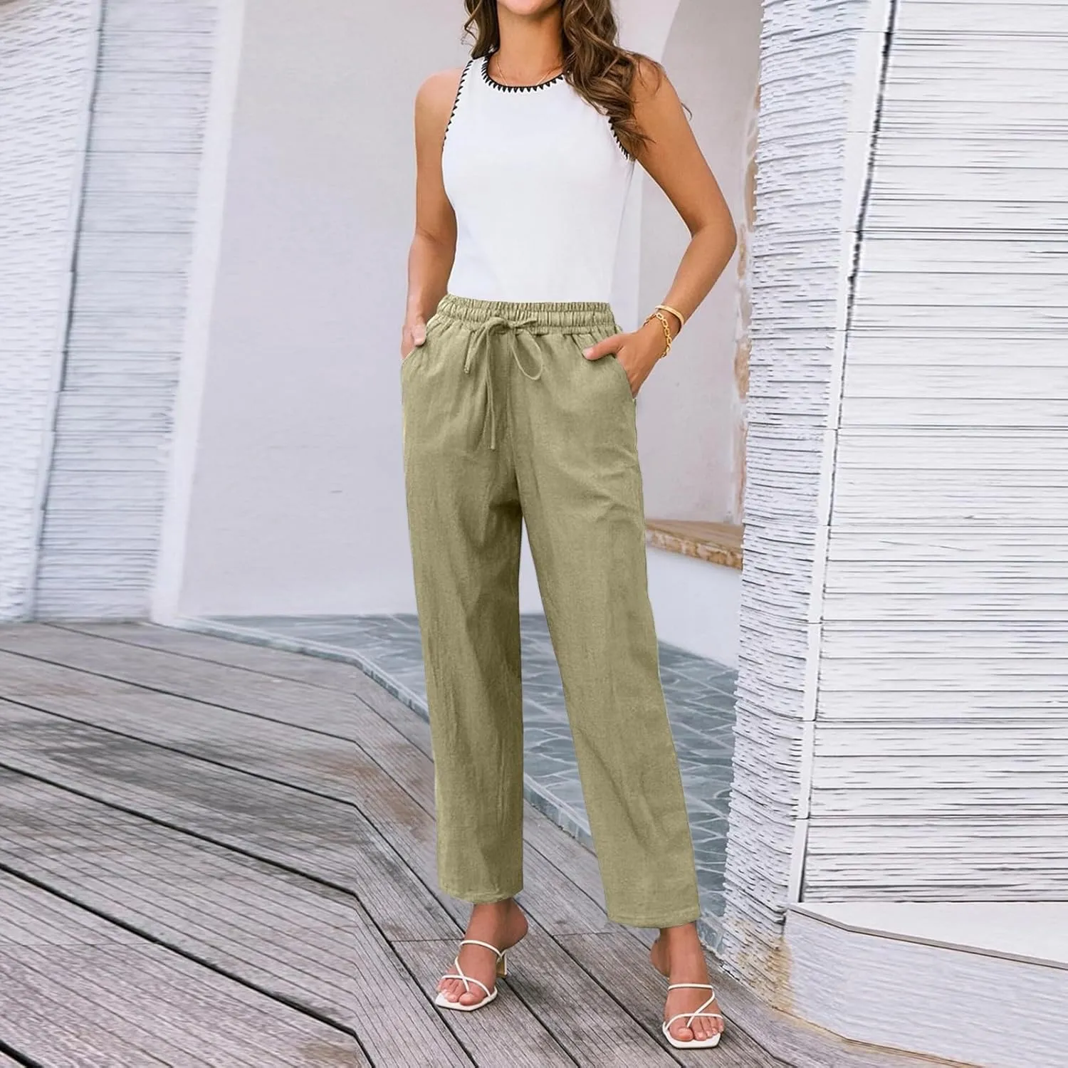 Summer Beach Linen Drawstring Pants Women Petite Lightweight Loose Fit Elastic Waist Cropped Pants with Pockets