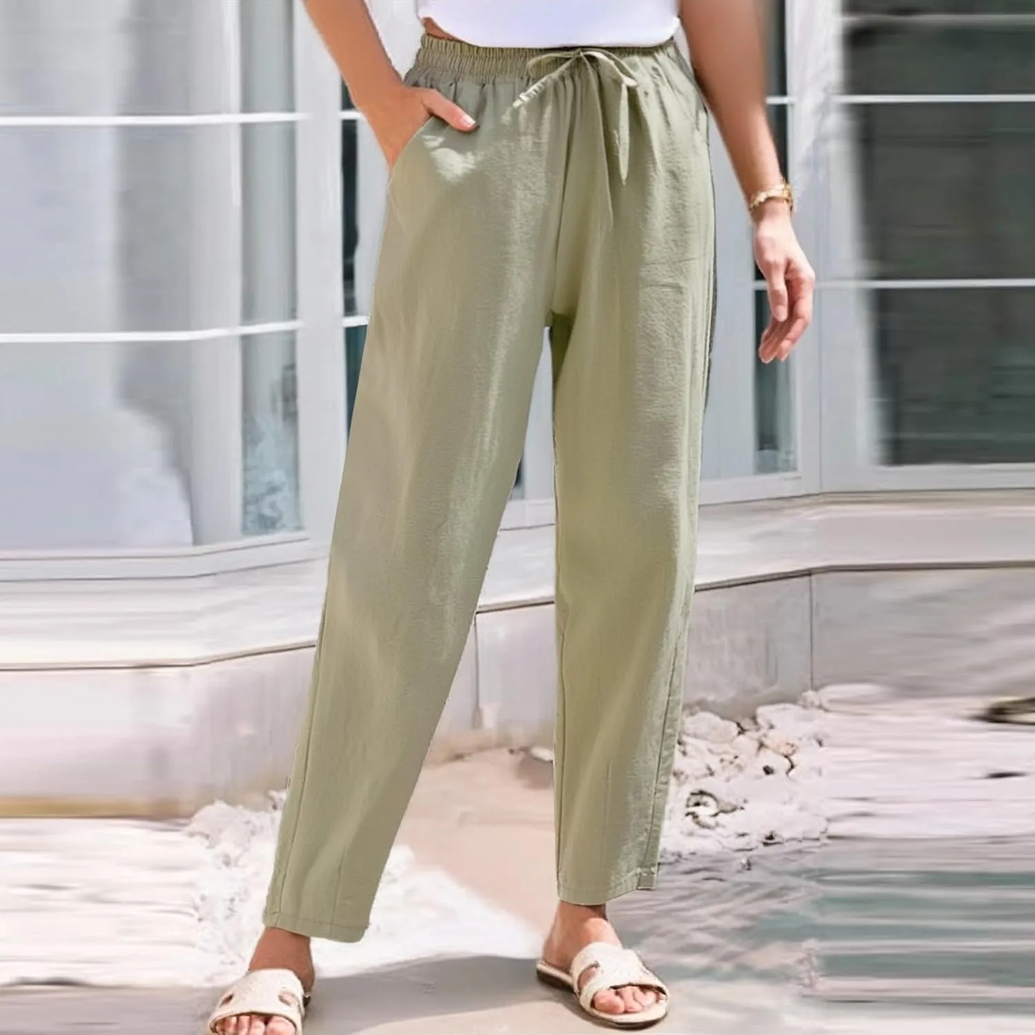 Summer Beach Linen Drawstring Pants Women Petite Lightweight Loose Fit Elastic Waist Cropped Pants with Pockets
