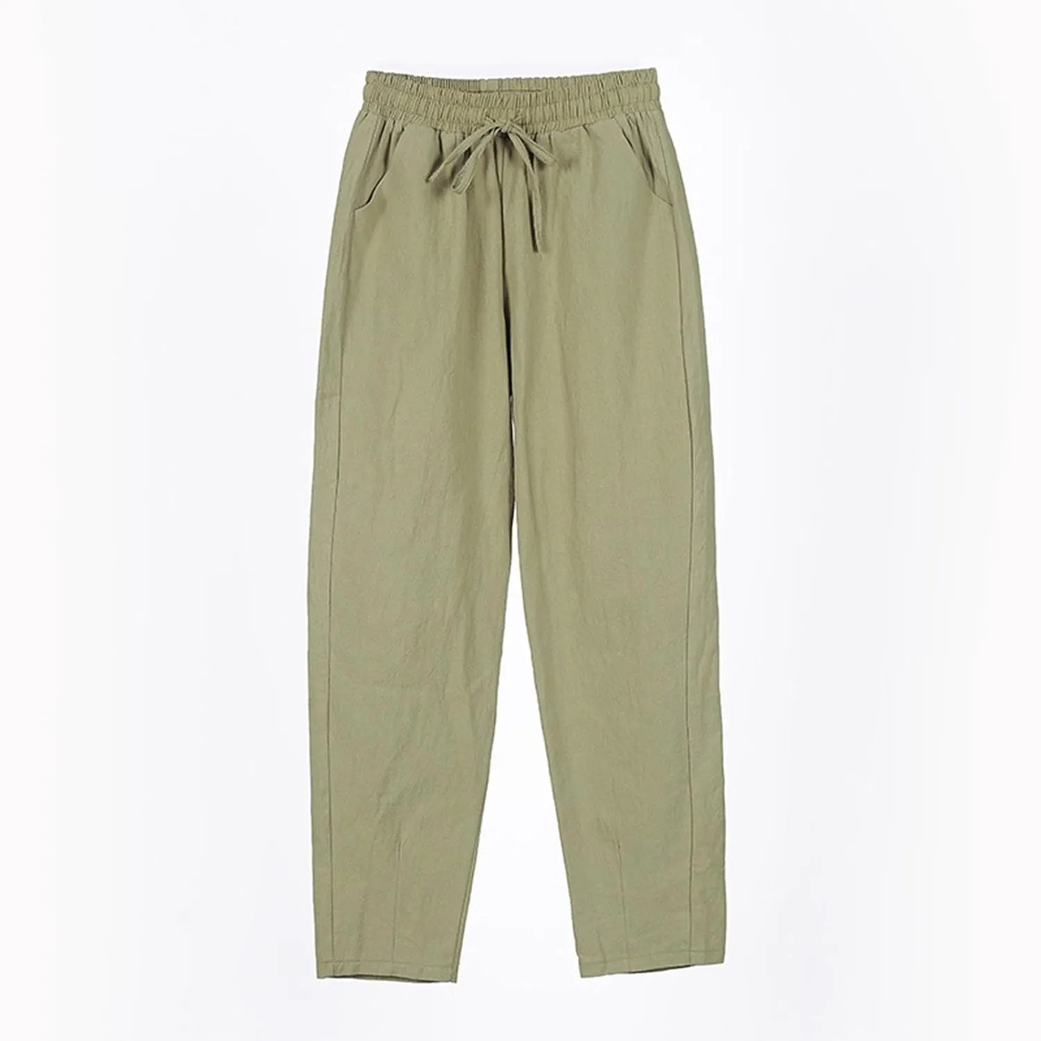 Summer Beach Linen Drawstring Pants Women Petite Lightweight Loose Fit Elastic Waist Cropped Pants with Pockets