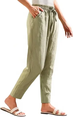 Summer Beach Linen Drawstring Pants Women Petite Lightweight Loose Fit Elastic Waist Cropped Pants with Pockets