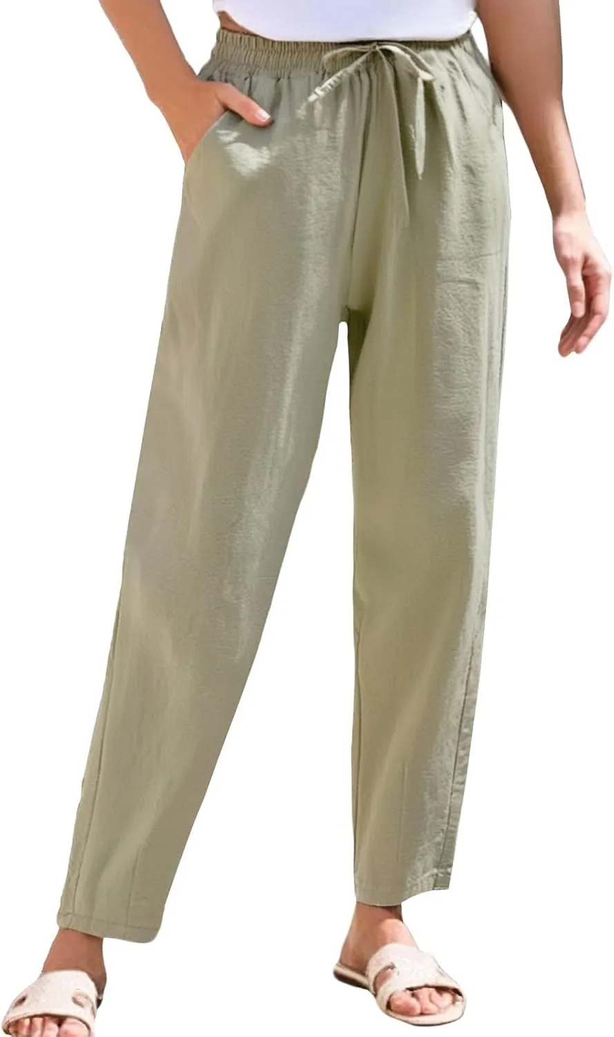 Summer Beach Linen Drawstring Pants Women Petite Lightweight Loose Fit Elastic Waist Cropped Pants with Pockets