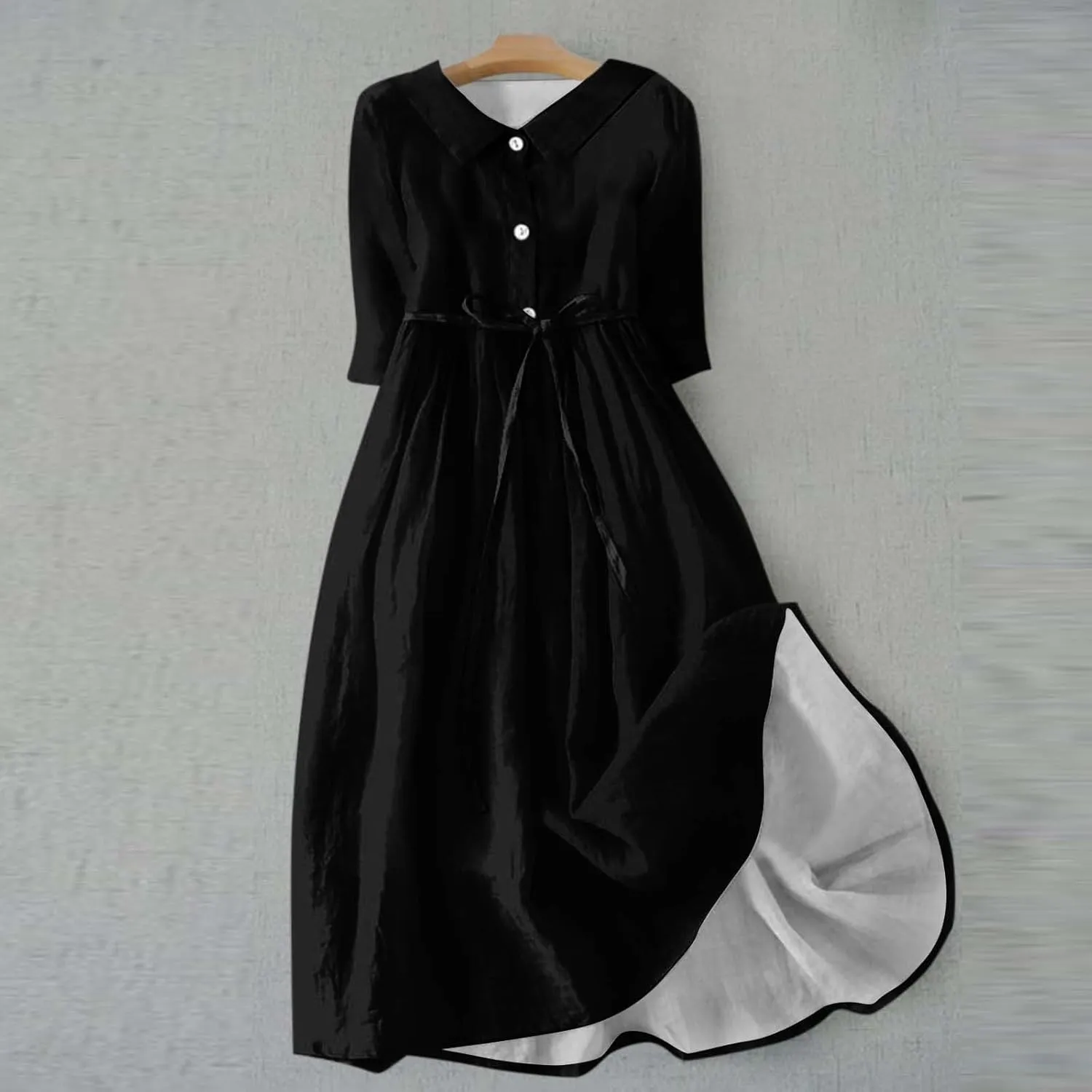 Summer Dress for Women 3/4 Sleeve Button Up A Line Flowy Maxi Dresses Vintage Floral Literary Simple Cotton Dress