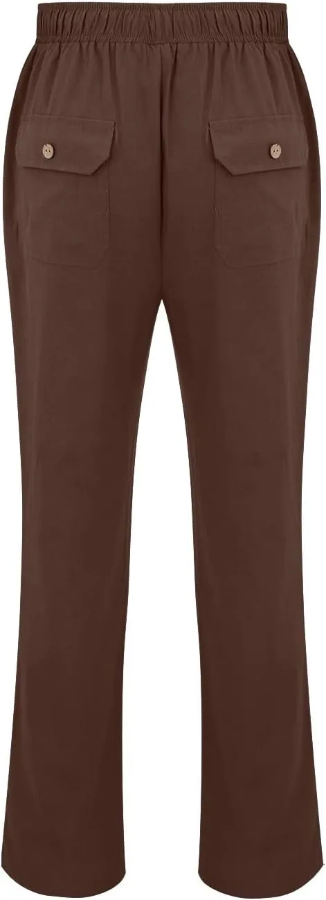 Summer Linen Dressy Pants for Mens Casual Solid Color Business Trousers Lightweight Wide Leg Cargo Sweatpants with Pockets