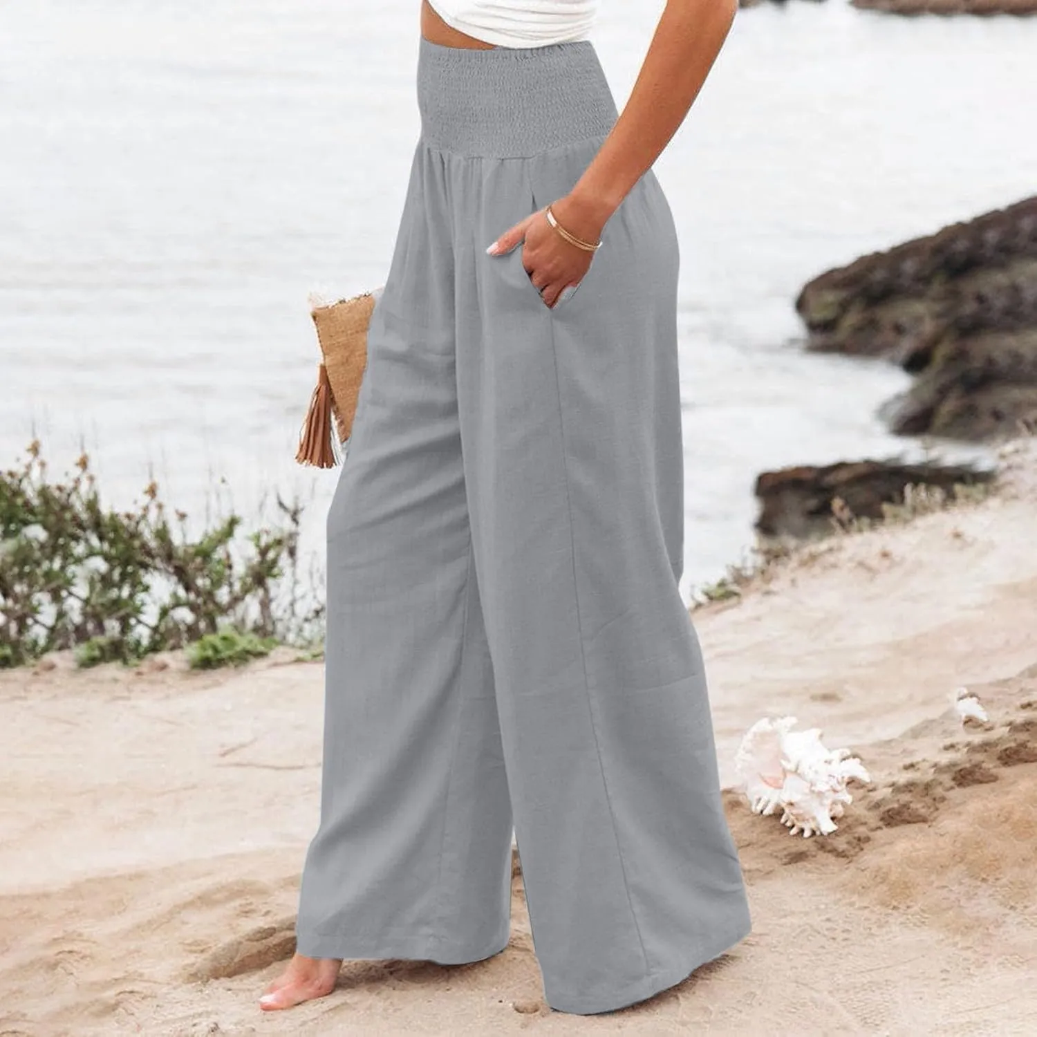 Summer Linen Pants for Women Lounge Lightweight Drawstring Loose Casual Linen Outfits Women