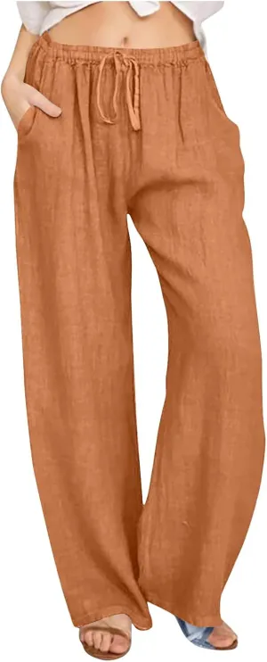 Summer Pants for Women 2024 Flowy High Waisted Solid Wide Leg Pants Cotton Linen Drawstring Trousers with Pockets