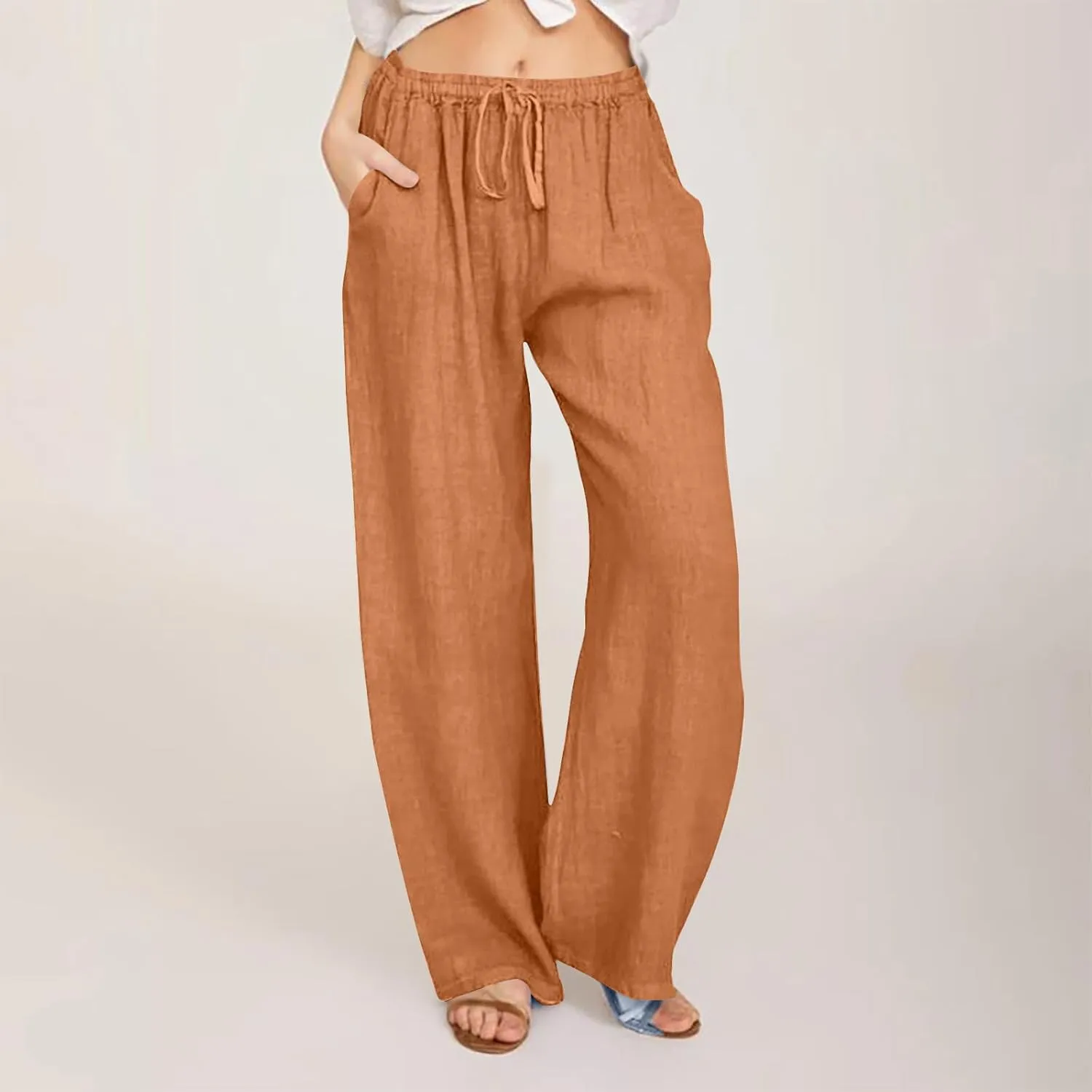 Summer Pants for Women 2024 Flowy High Waisted Solid Wide Leg Pants Cotton Linen Drawstring Trousers with Pockets