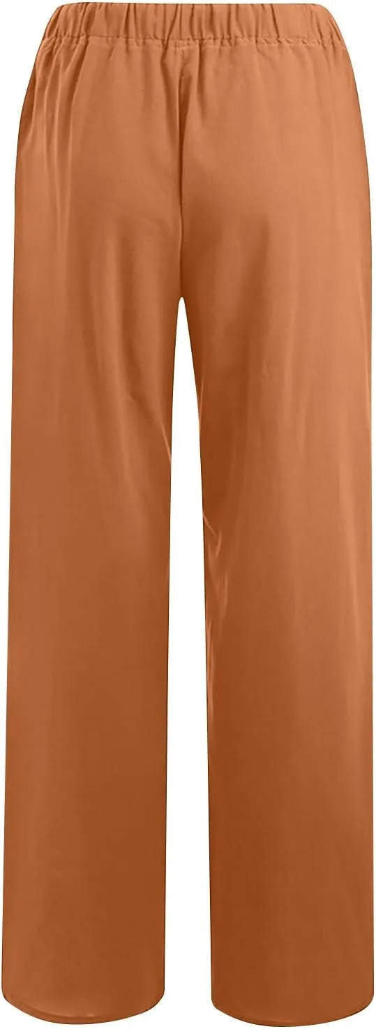 Summer Pants for Women 2024 Flowy High Waisted Solid Wide Leg Pants Cotton Linen Drawstring Trousers with Pockets