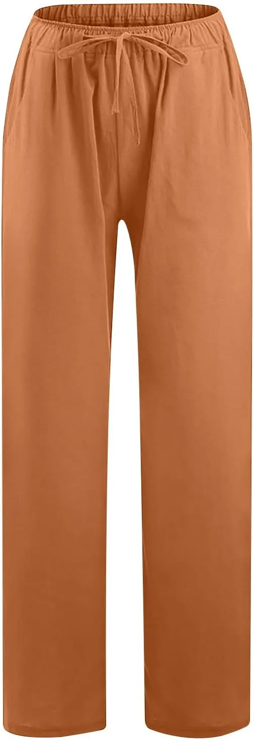 Summer Pants for Women 2024 Flowy High Waisted Solid Wide Leg Pants Cotton Linen Drawstring Trousers with Pockets