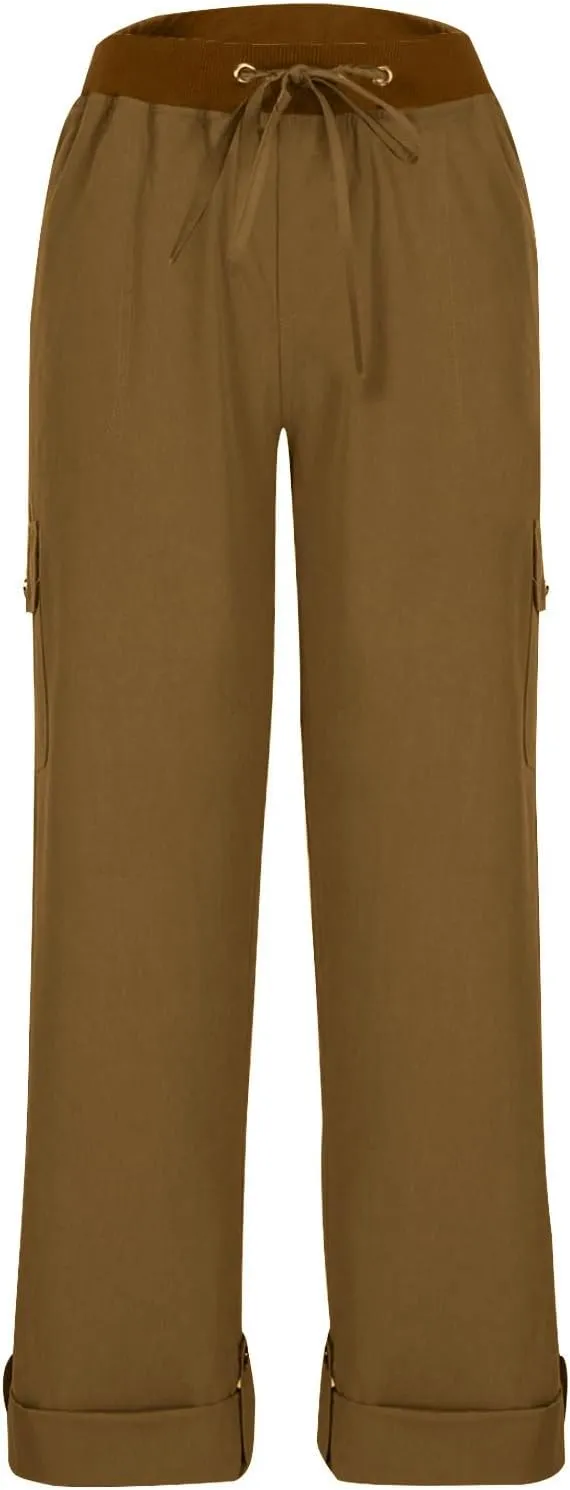 Summer Pants for Women 2024 Trendy High Waisted Drastring Pants Elastic Solid Button-On Trousers with Big Pockets