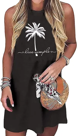 Sun Salt Sand Coconut Tree Mini Dress Women Summer Sleeveless Vacation Tank Dress Beach Praty Shirts Dress
