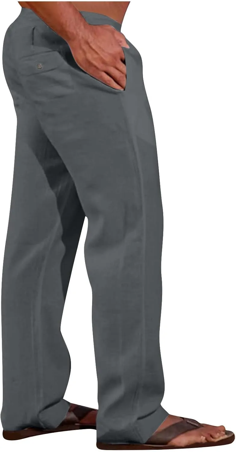 Sweatpants for Men 2024 Trendy Cotton Linen Casual Pants Straight Wide Leg Sweatpants Elastic Waist Drawstring Trouser