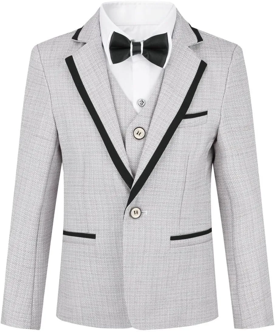 SWOTGdoby Boys 4 Pieces Suit Set Slim Fit Plaid Blazer Pants Vest Bowtie Formal Dress for Wedding Party