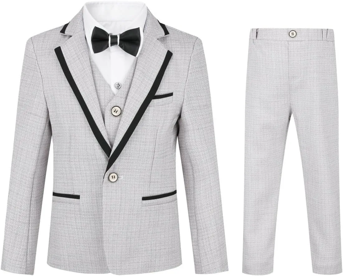 SWOTGdoby Boys 4 Pieces Suit Set Slim Fit Plaid Blazer Pants Vest Bowtie Formal Dress for Wedding Party