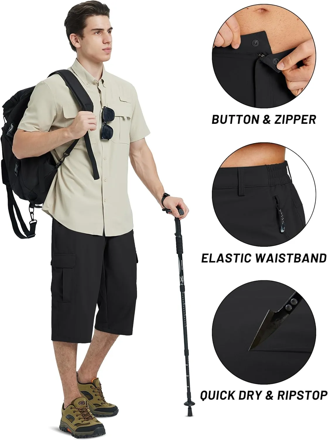 TACVASEN Men's Capri Pants Cargo Long Shorts Quick Dry Lightweight 3/4 Pants Below Knee Summer Hiking Work