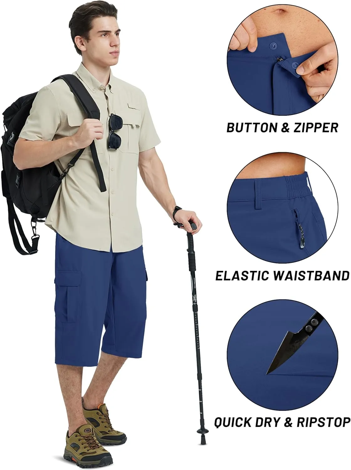 TACVASEN Men's Capri Pants Cargo Long Shorts Quick Dry Lightweight 3/4 Pants Below Knee Summer Hiking Work