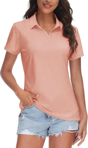 TACVASEN Women's V-Neck Polo Shirts UPF 50  Short Sleeve Sun Protection Quick Dry Golf Polos Collared Shirt