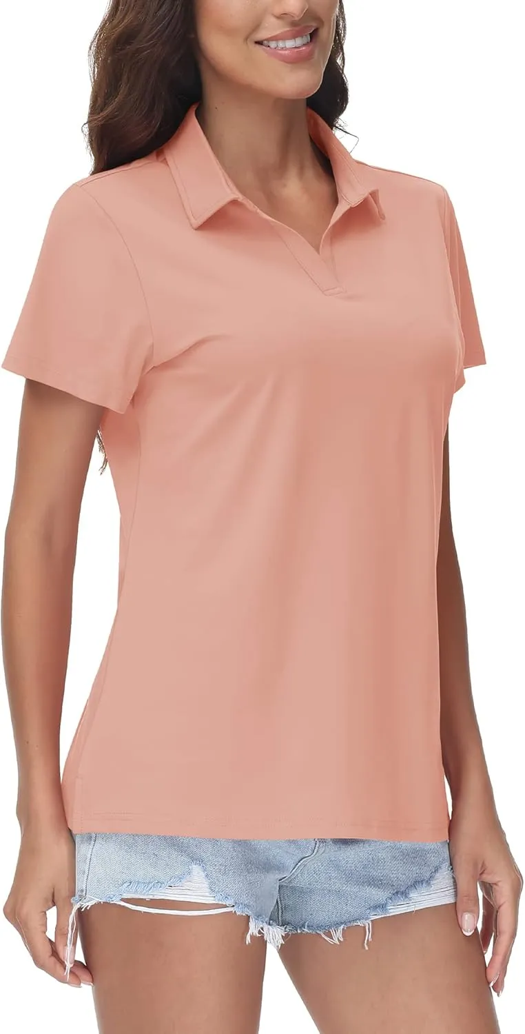TACVASEN Women's V-Neck Polo Shirts UPF 50  Short Sleeve Sun Protection Quick Dry Golf Polos Collared Shirt